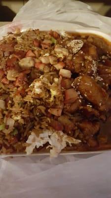 Combination platter sesame chicken and pork fried rice