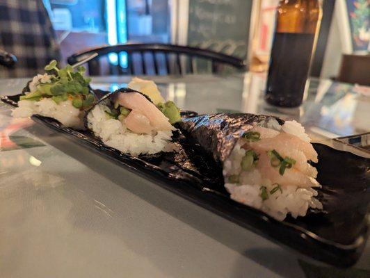 Negihama handrolls (mid, right)