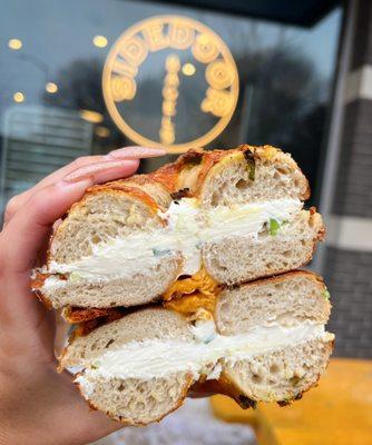 Jalapeño cheddar pretzel bagel with scallion cream cheese