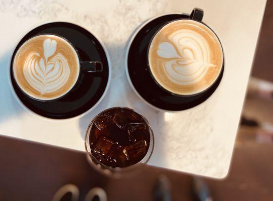 Vanilla latte, cold brew, and oat milk latte.