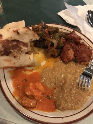 Saturday lunch buffet. Naan, okra, chicken manchurian, haleem, butter chicken.