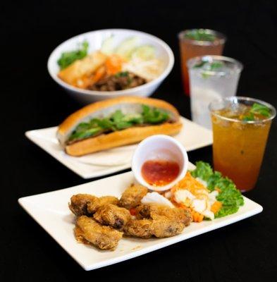 chicken wings, sandwich, vermicelli, passionfruit tea, coconut juice, and strawberries tea.