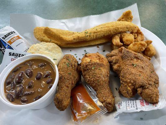 Fried chicken and fish and shrimp