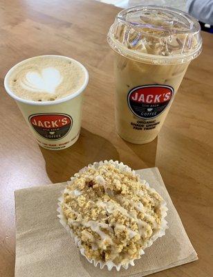 Small cappuccino, large cold brew, and an apple walnut muffin