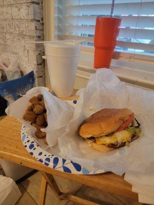 Cheeseburger with Fried Okra and a Rootbeer Float. 10/03/23 Yum!!