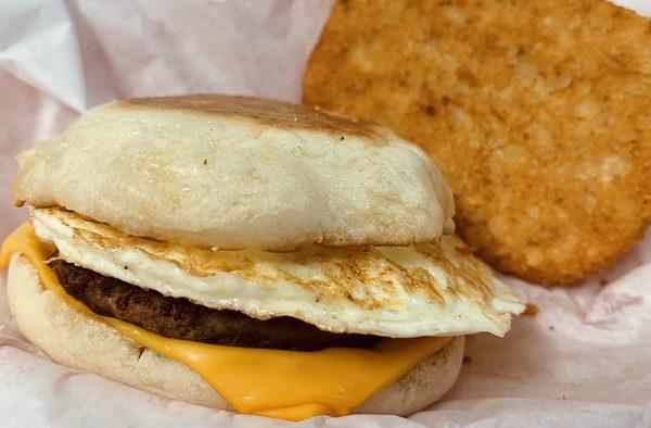 New item!  English muffins with egg, cheese & choice of meat. Add & hash brown & it's a meal.