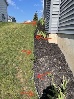 Crooked metal frames between mulch and grass