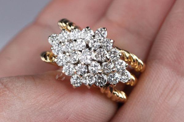 Retro diamond cocktail ring cluster with cable bands.