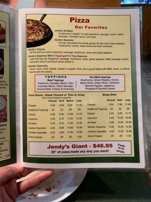 Pizza menu