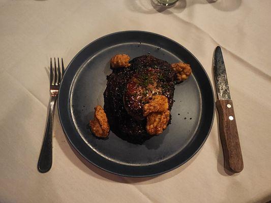 Ribeye with foie gras and fried oysters