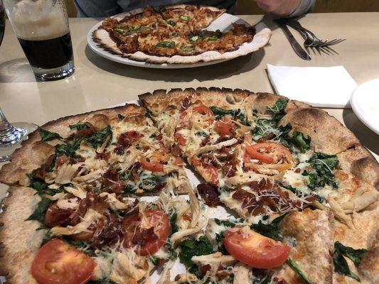 Chicken florentine pizza on whole wheat crust.