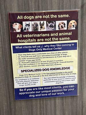 Information Dr. Prescott has on walls for pet patents.