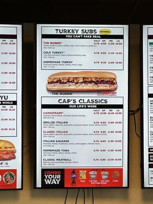 Turkey Subs and Cap's Classics Menu