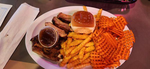 ribs, fries, sweet potato fries