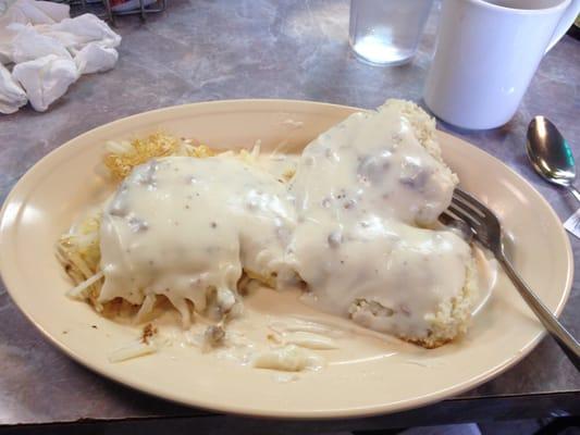 Half order of biscuits and gravy with hash browns.