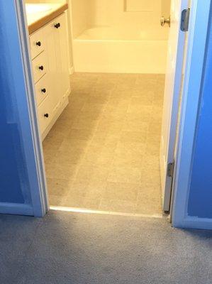 Finished floor in the bathroom and carpet patch just outside of the bathroom/master bedroom.