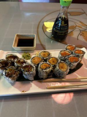 Pick 3 Sushi Lunch Special, B4. Spicy Salmon Roll, B5. Spicy Tuna Roll, B12. Eel Cucumber Roll