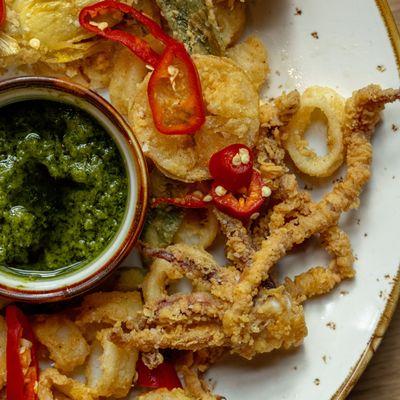 CALAMARI E CARCIOFI FRITTI | Fried Calamari and Artichoke |calamari, artichoke, Meyer lemon, sage, Fresno pepper, roasted garlic Salmoriglio