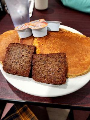 Sweet potato pancakes and a side of scrapple.