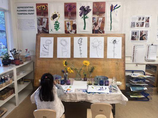 Classroom mini studio where children are exploring flower representation from a Farmers' Market field trip.