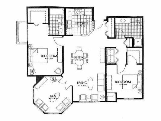 2 BR + Den, 1265 sq ft