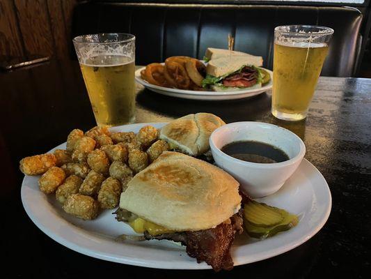 BLt with onion rings and beef and bacon with tater tots.