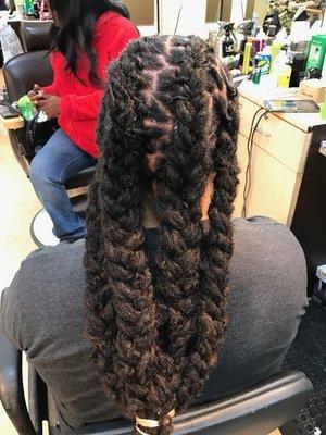 Client is braided after getting a deep scalp treatment wash & styled for loc maintenance come in ask for Blue