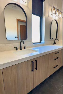 Floating Bathroom Vanity Cabinets In This Scandanavian Modern Bathroom. They Paired Perfectly With The Quartz Countertops!