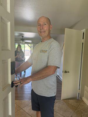 Wonderful helpful locksmith that was reliable and did a great job helping us rekey our new home and fix broken locks.