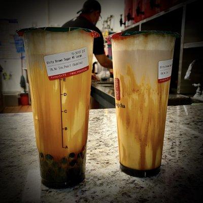 When Hubby wants Dirty Brown Sugar milk tea... One for him and one for me. Guess which one is mine?   (~‿0)