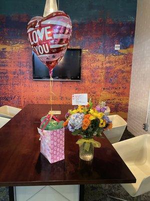 My boo said it was a whole set up waiting for her. As you see the flowers (I selected the daily deal) balloon, teddy bear, and CANDY!!