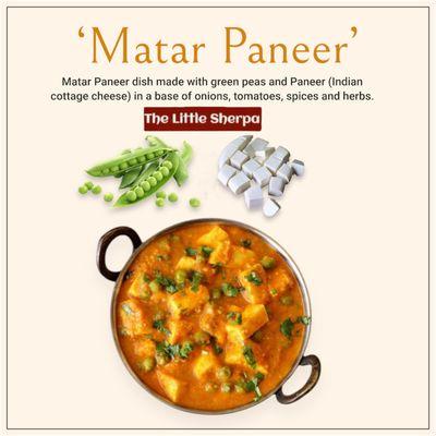 Matar Paneer dish made with green peas and Paneer (Indian cottage cheese) in a base of onions, tomatoes, spices and herbs.