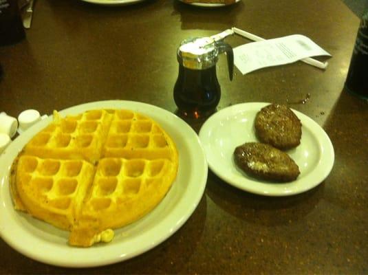 Tasteless pecan waffle, seared sausage