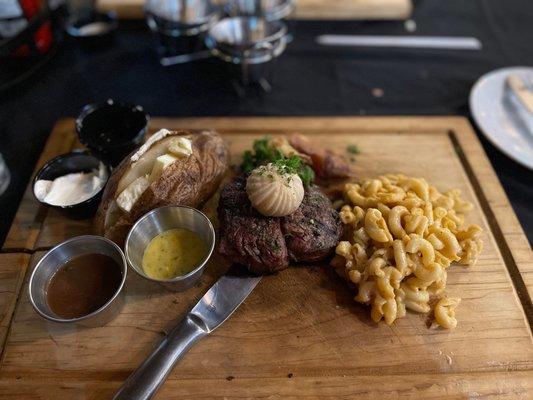 Filet Mignon, chipotle macaroni and cheese, baked potato