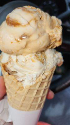 Scoop of Salted Carmel bananas foster and scoop of salted carmel