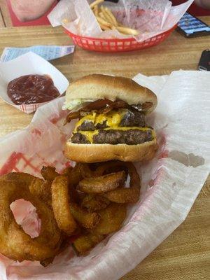 Double cheeseburger with bacon (combo- mayo,ketchup,  lettuce) onion rings