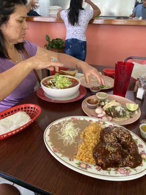 Chicken mole and pozole.