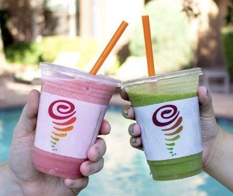 Cheers! Look at these completed Jamba Juice plastic cups, filled with smoothies. Jamba juice changes the look of their cups often.