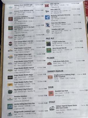 Beer Menu as of 12/24/21