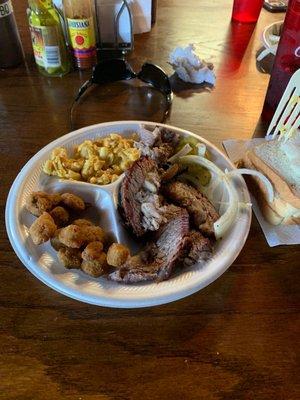 Sliced brisket, fried okra, Mac cheese