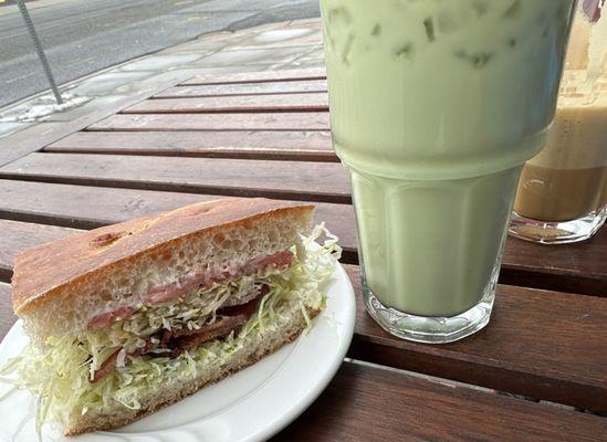 1/2 of a shared BLT on focaccia (baked here), cinnamon and maple matcha latte