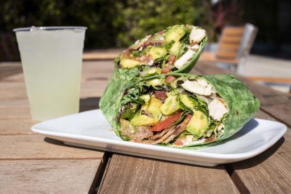 Chicken Club wrap on a spinach tortilla