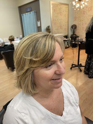 After partial foil highlights, haircut, blow out and style.