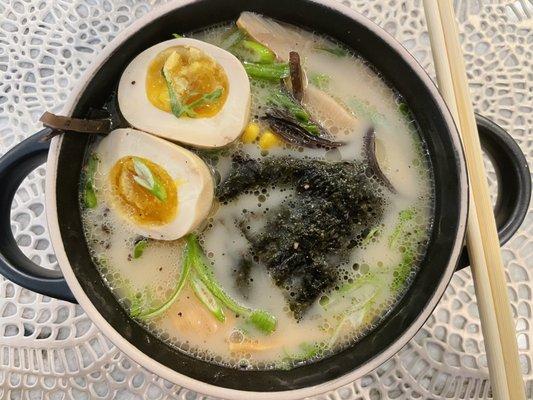 Tonkatsu base ramen (served from 11-3pm) with soy-marinated egg, corn, nori, kikurage, bamboo shoots, green onion, and chashu.