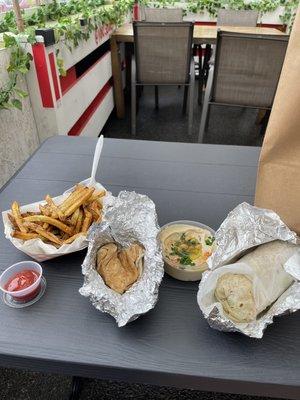 Zaatar Fries Small, Hummus Small, chicken burrito