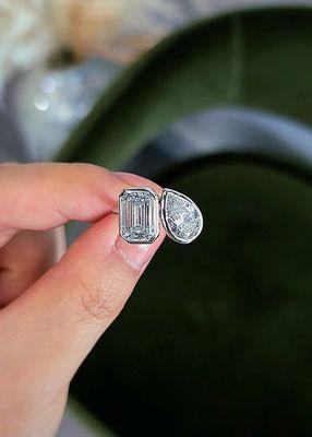 Emerald and Pear cut diamond on our GB Tois et Mois Bezel Solitaire- so cool!!