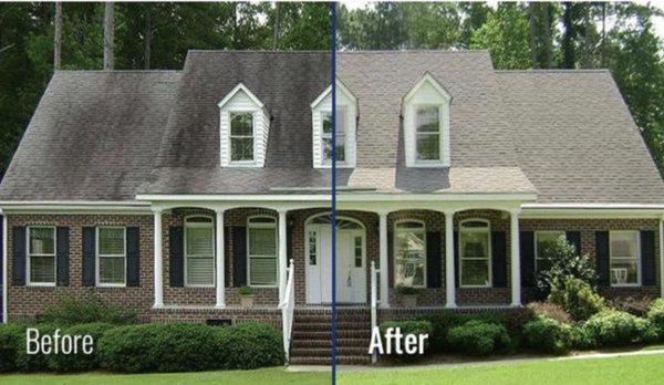 Before and after picture of a roof rejuvenation project.