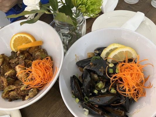 Crispy Brussels sprouts and mussels