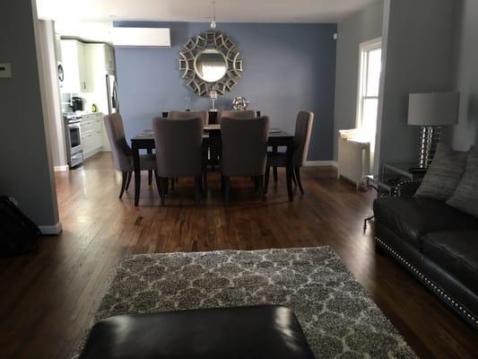 Living and dining room floors, designed by ACR General Contracting, floor refinishing by A&N Flooring.