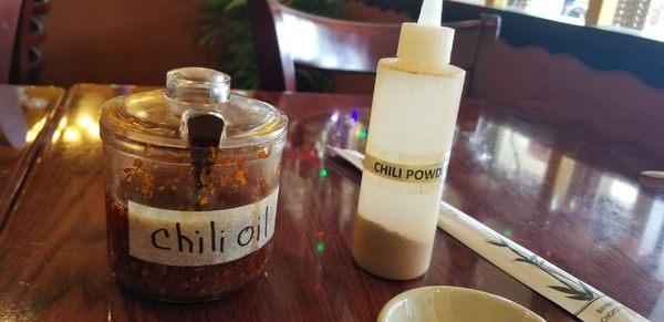 chili oil and powder for added spice